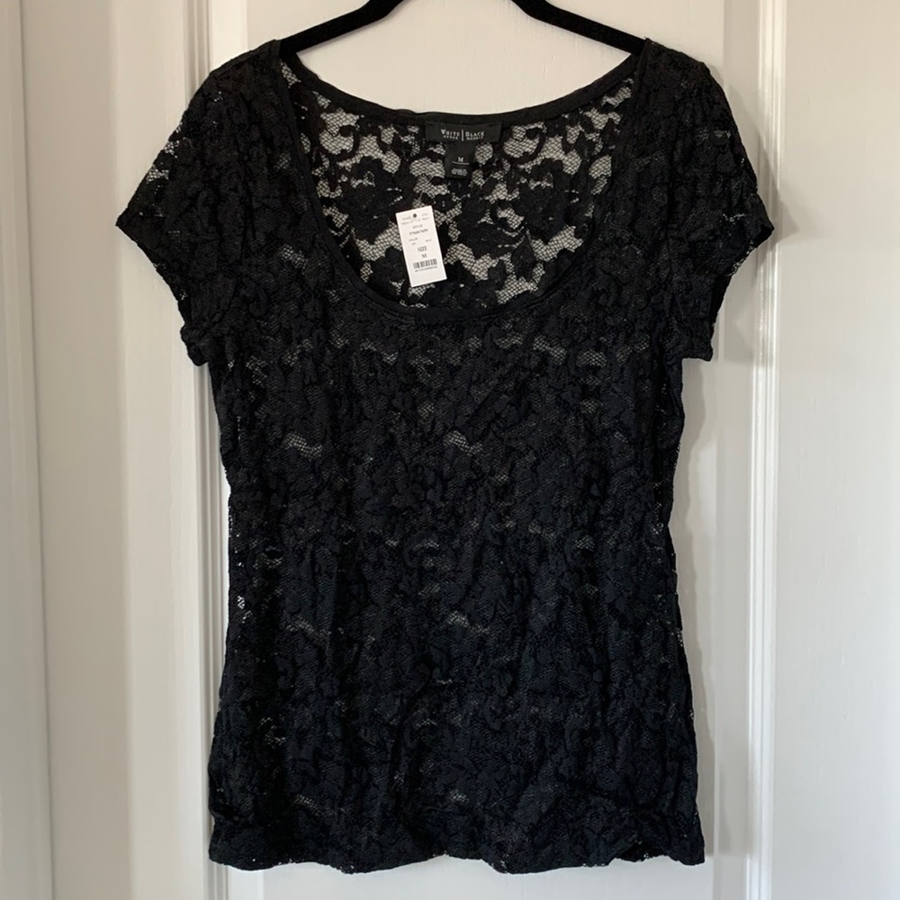 NWT WHITE HOUSE | BLACK MARKET Black Lace U-Neck Short Sleeves Sheer Top Size M